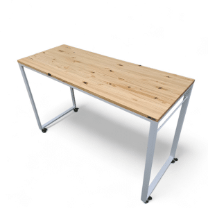 Mesa barra móvil con superficie de madera clara y estructura metálica con ruedas. Ideal para eventos o reuniones, facilita el servicio de bebidas y aperitivos en cualquier espacio.