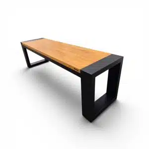 Un banco moderno con base de metal negro y superficie de madera clara. Ideal para uso en edificios públicos o áreas de espera por su diseño contemporáneo y funcionalidad.