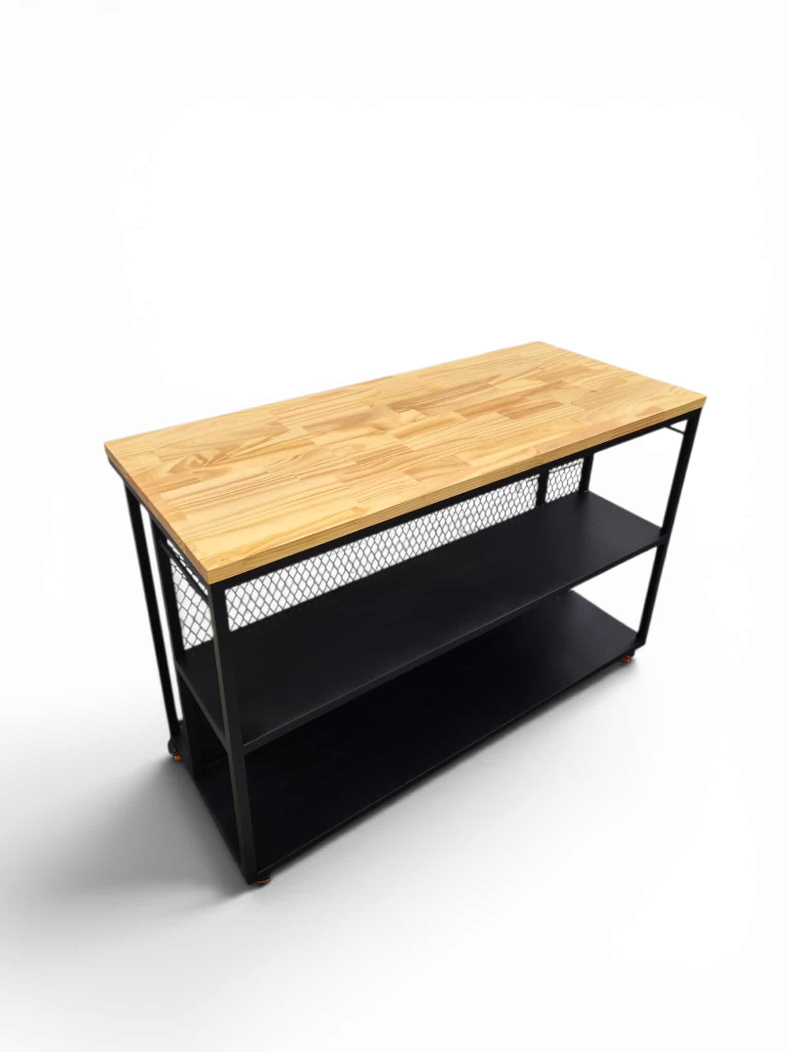 Barra desayunador con estantes de chapa y cubierta de madera, ideal para almacenar utensilios de cocina y maximizar el espacio en comedores pequeños. Diseño funcional y moderno.