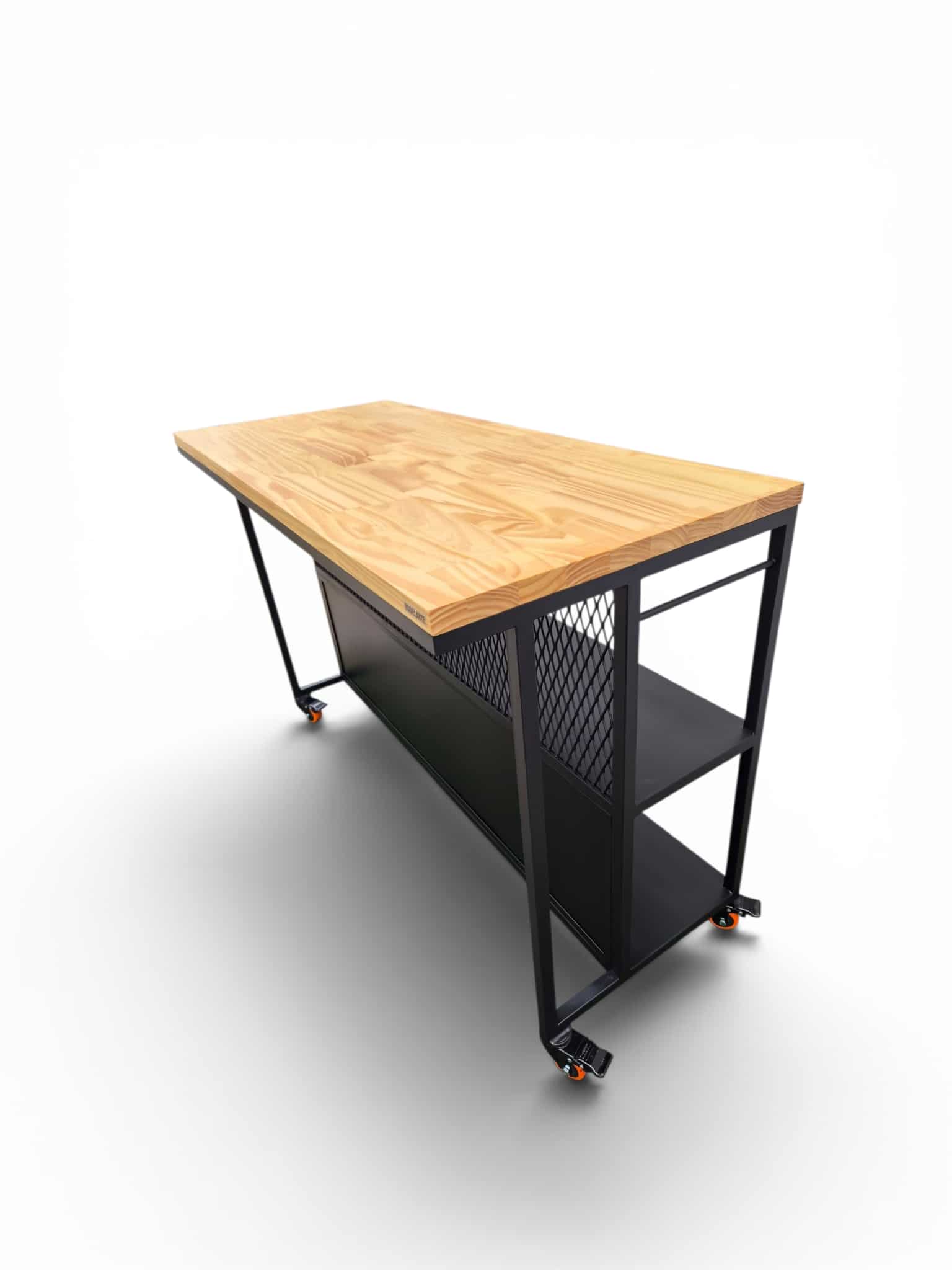 Barra desayunador móvil con estantes en chapa y cubierta de madera, ideal para cocina funcional. Incluye compartimientos para almacenamiento. Diseño moderno y práctico para espacios reducidos.