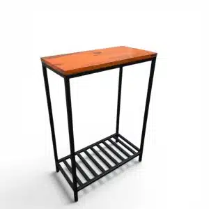 Mesa recibidor de estilo industrial con estructura de hierro y superficie de madera. Ideal para decorar entradas, sostener llaves o adornos. Diseño elegante y funcional para el hogar.