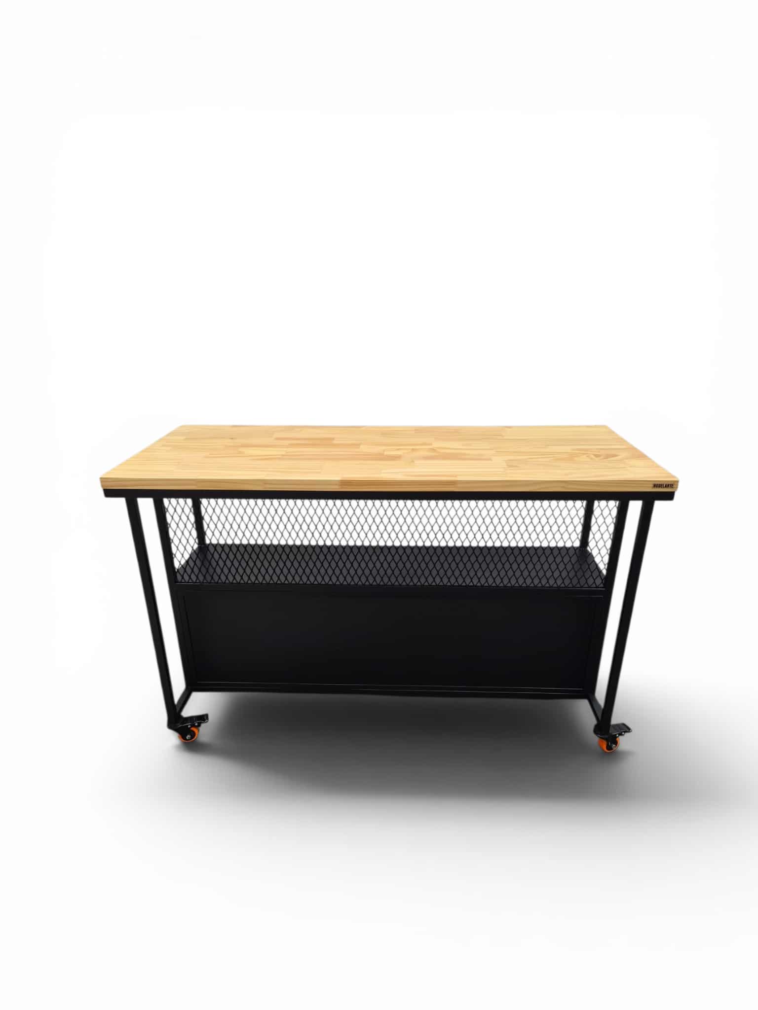 Barra desayunador móvil con superficie de madera y estantes de chapa, ideal para almacenamiento y uso en cocina. Diseño funcional y moderno.