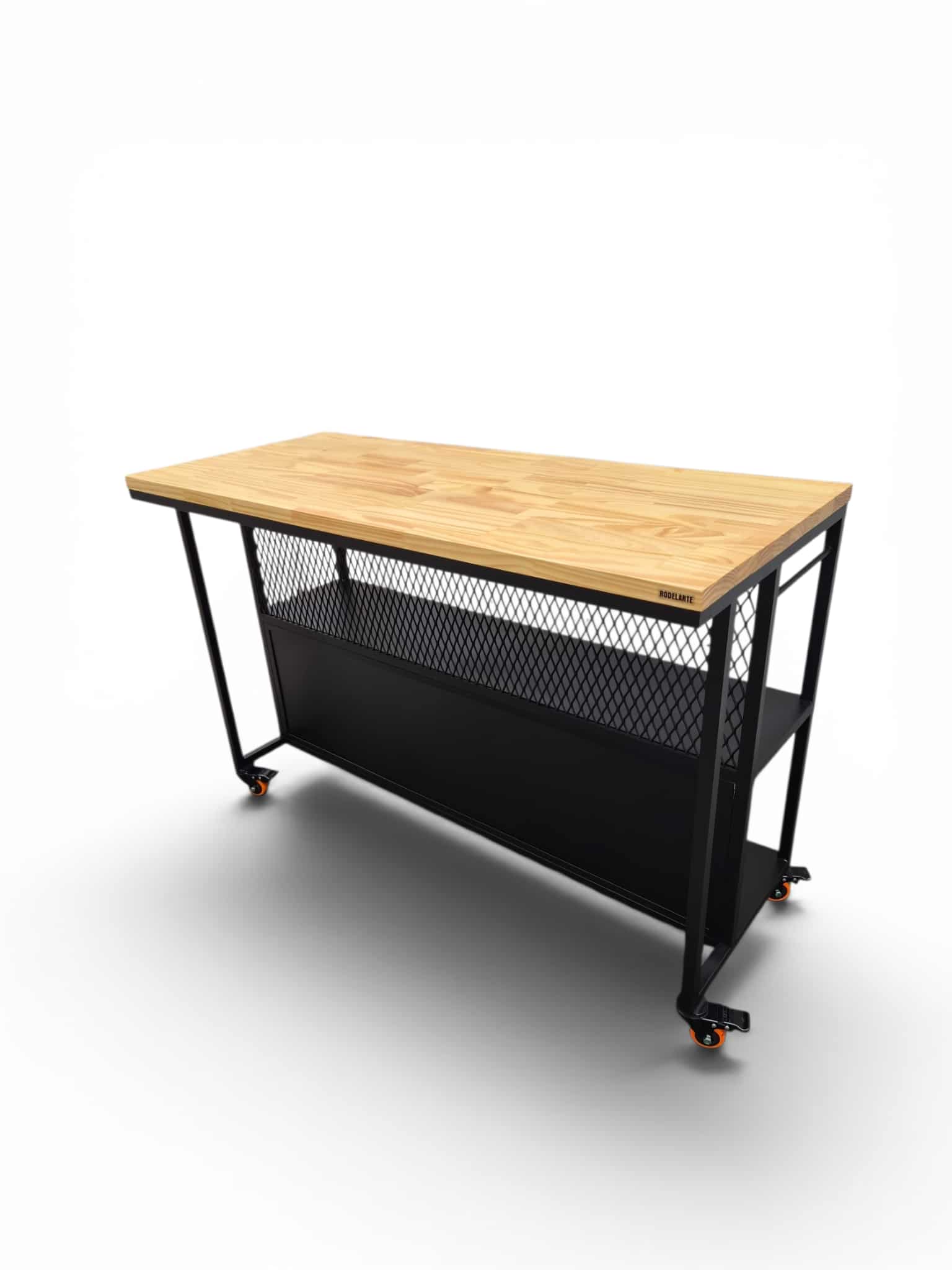 Barra desayunador con estantes de chapa, superficie de madera clara y estructura de metal negro, ideal para almacenar y organizar utensilios de cocina o servir comidas de manera práctica.