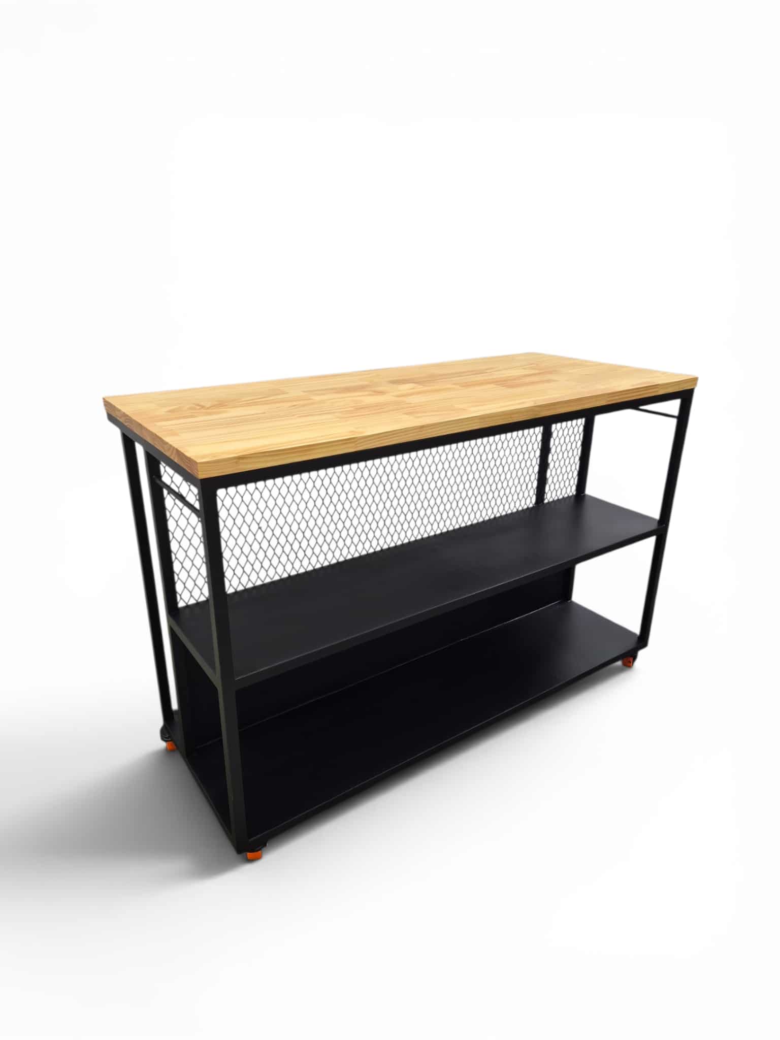 Barra desayunador de madera con dos estantes metálicos negros y estructura de malla; ideal para cocina, optimiza espacio y sirve como área para comer o preparar alimentos.