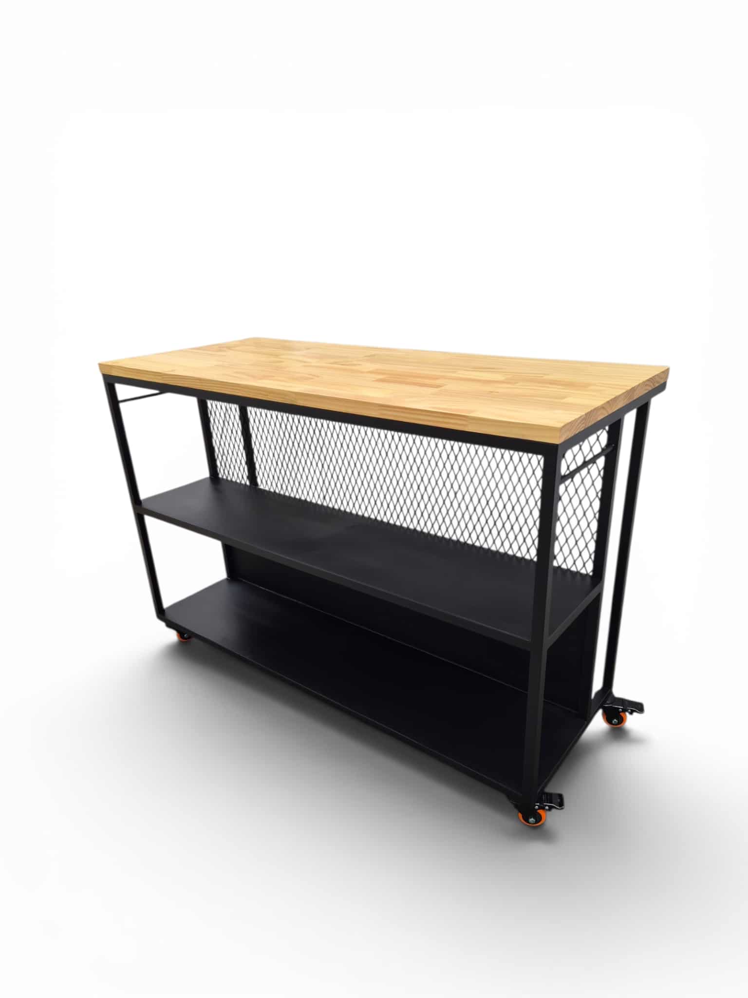 Barra desayunador de madera con estructura metálica negra, estantes en chapa y ruedas. Ideal para cocina, combinando estilo industrial y funcionalidad. Perfecta para almacenamiento y uso diario.