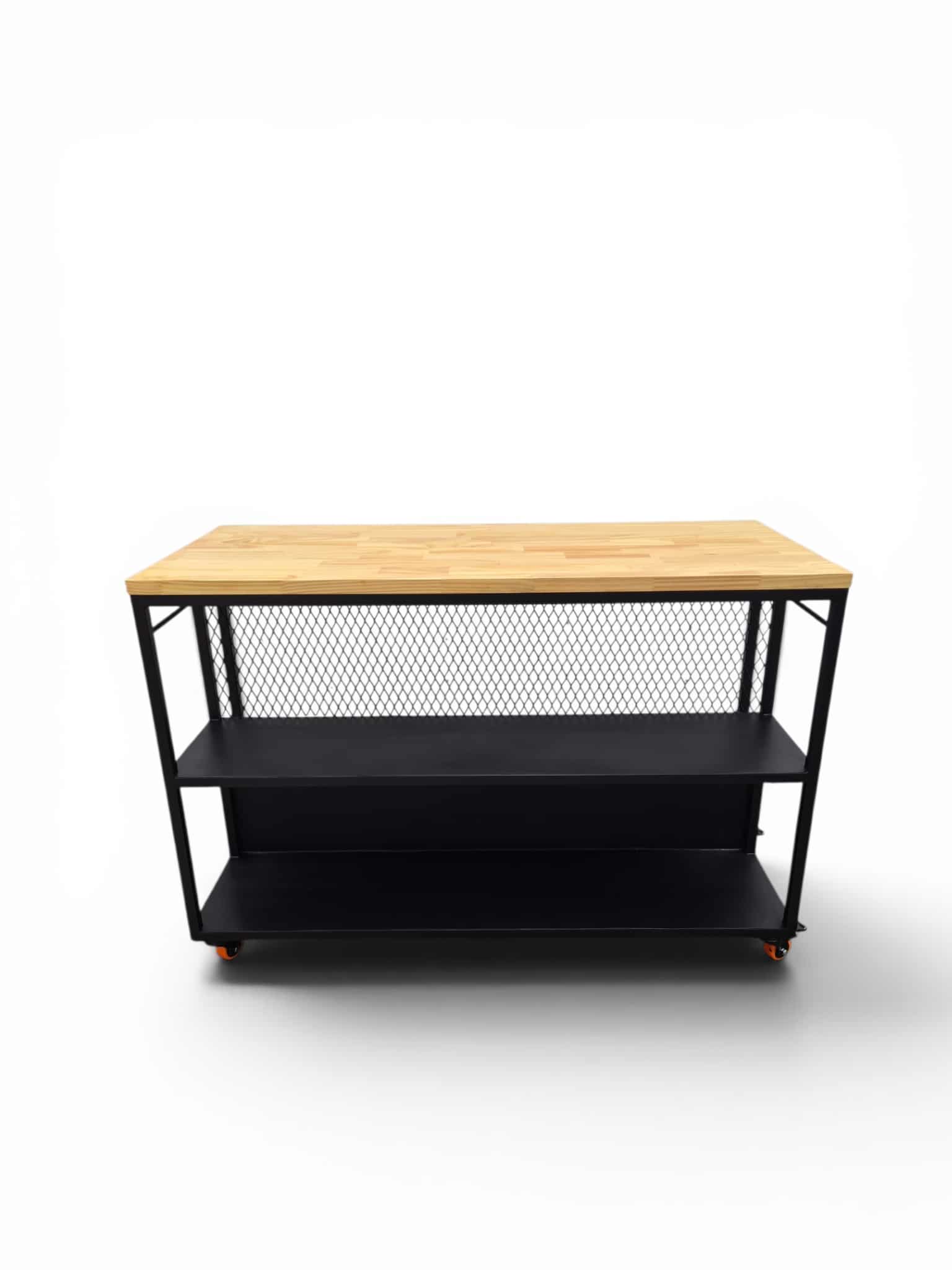 Barra desayunador moderna con estantes en chapa, ideal para almacenar utensilios y servir desayunos. Diseño funcional con superficie de madera y estructura metálica.