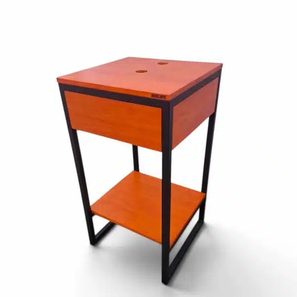 Vanitorio compacto de madera con estructura metálica negra, ideal para bacha de sobreponer, optimiza espacio en baños pequeños.