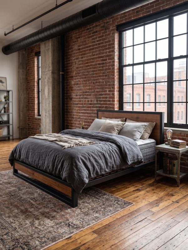 Cama de Hierro y Madera Estilo Industrial (ambientada IA)
