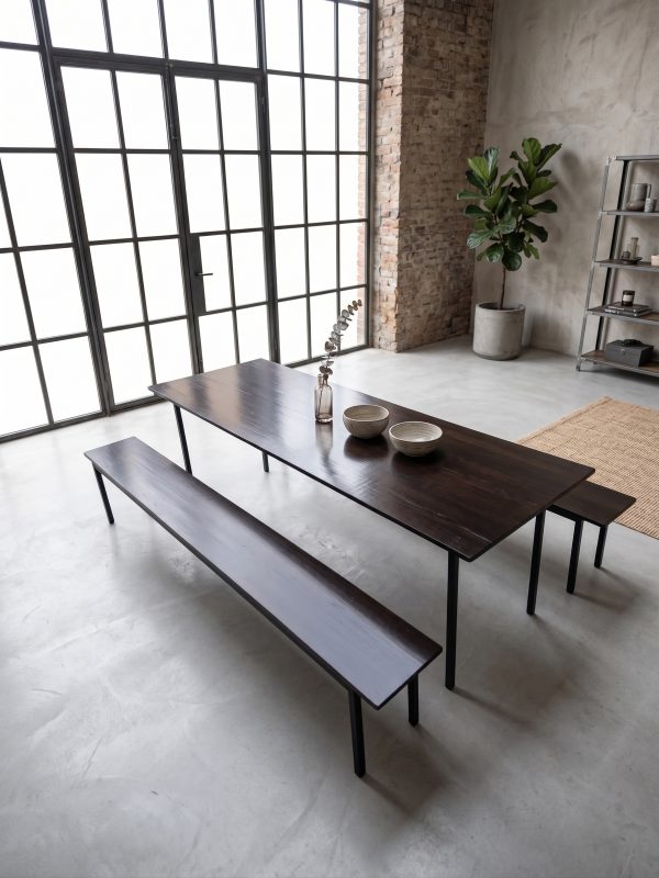 Mesa y Bancos de Comedor Industrial (ambientada IA)