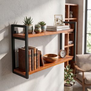 Repisa Doble de Pared en Hierro y Madera (ambientada IA)