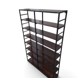 Estantería biblioteca moderna de metal y madera con múltiples estantes, ideal para almacenar libros y objetos decorativos en hogares u oficinas.