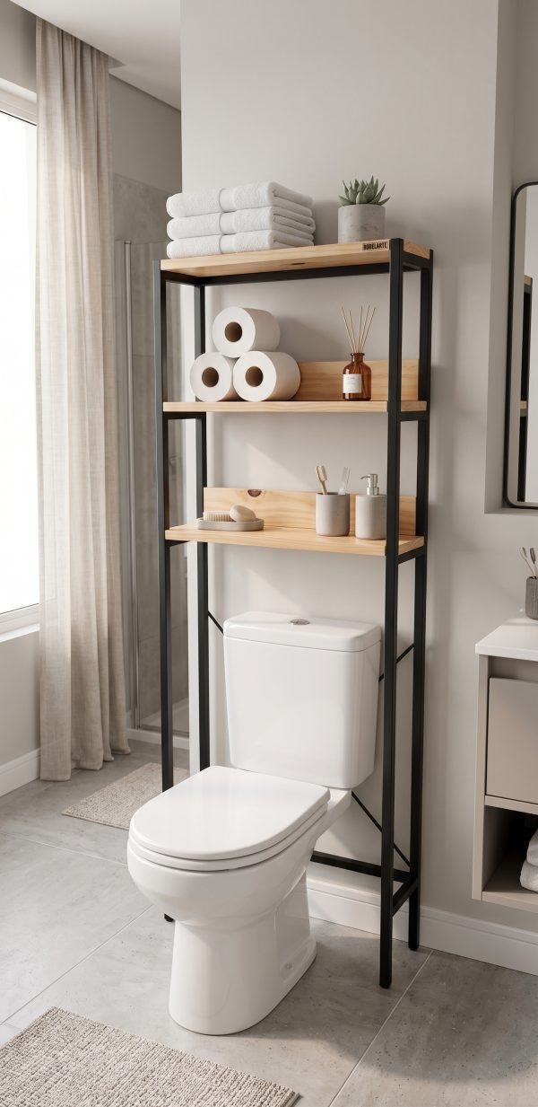 Estantería sobre inodoro para baño (ambientada IA)