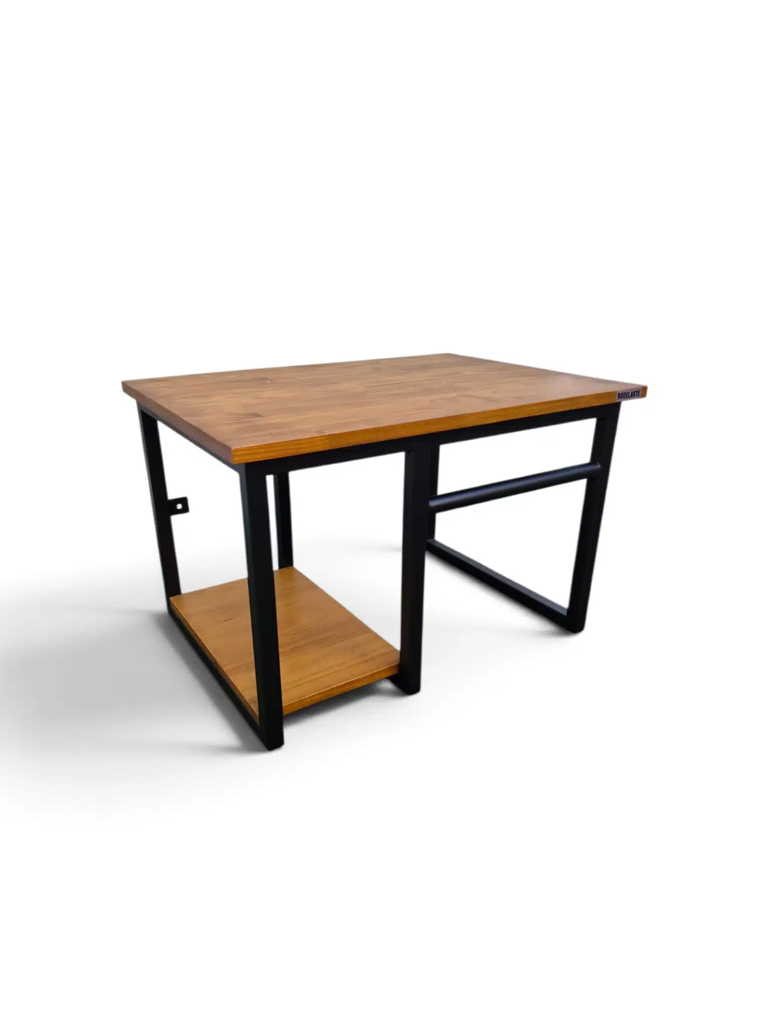 Mesada de baño moderna con estructura de metal negro y superficie de madera. Incluye un estante inferior para almacenamiento adicional. Ideal para baños pequeños y organización eficiente.