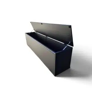 Baúl organizador negro satinado, 180x50x40 cm, con tapa asistida. Ideal para pie de cama o almacenamiento en alacenas o recibidores