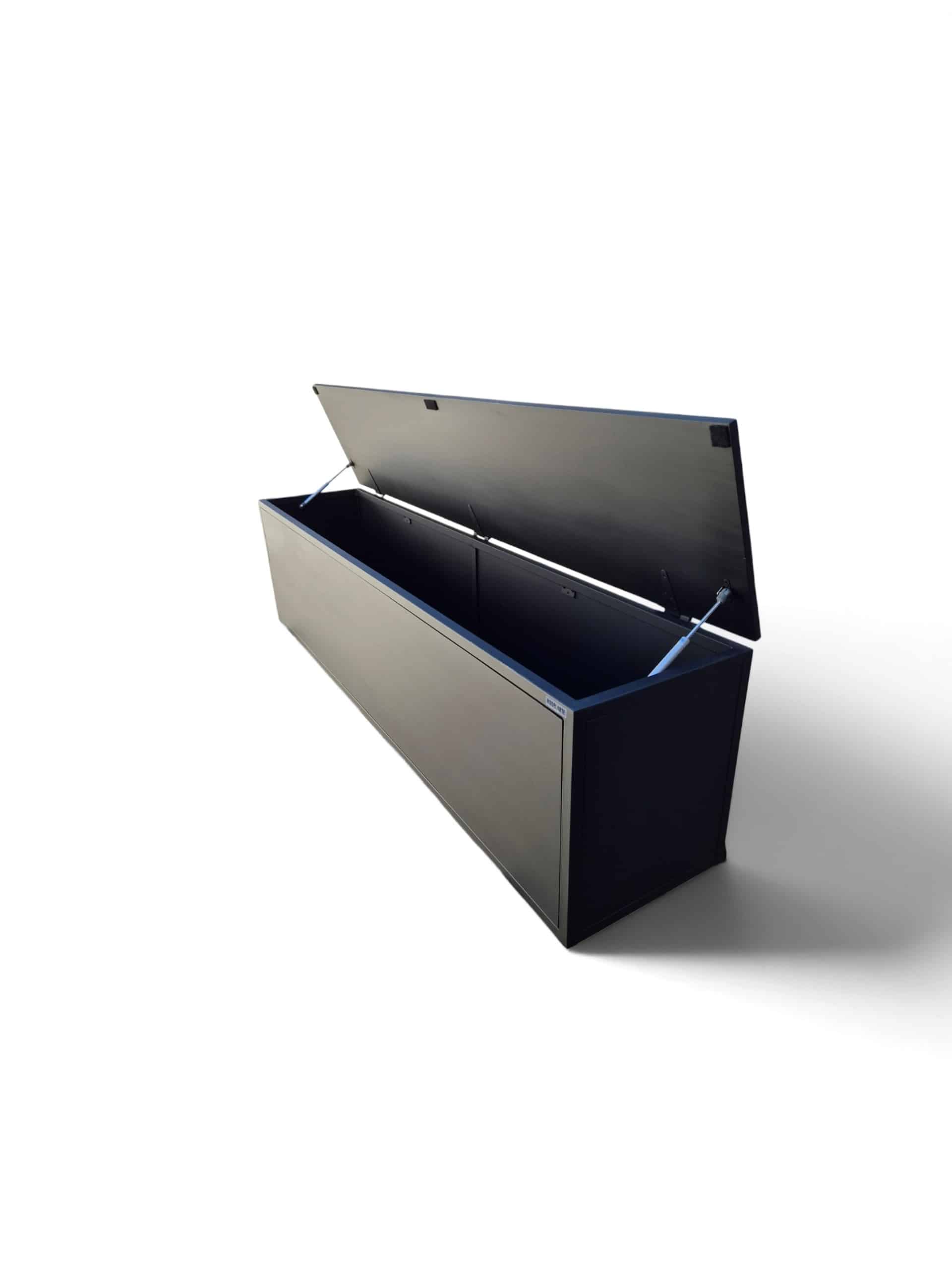 Baúl organizador negro satinado, 180x50x40 cm, con tapa asistida. Ideal para pie de cama o almacenamiento en alacenas o recibidores