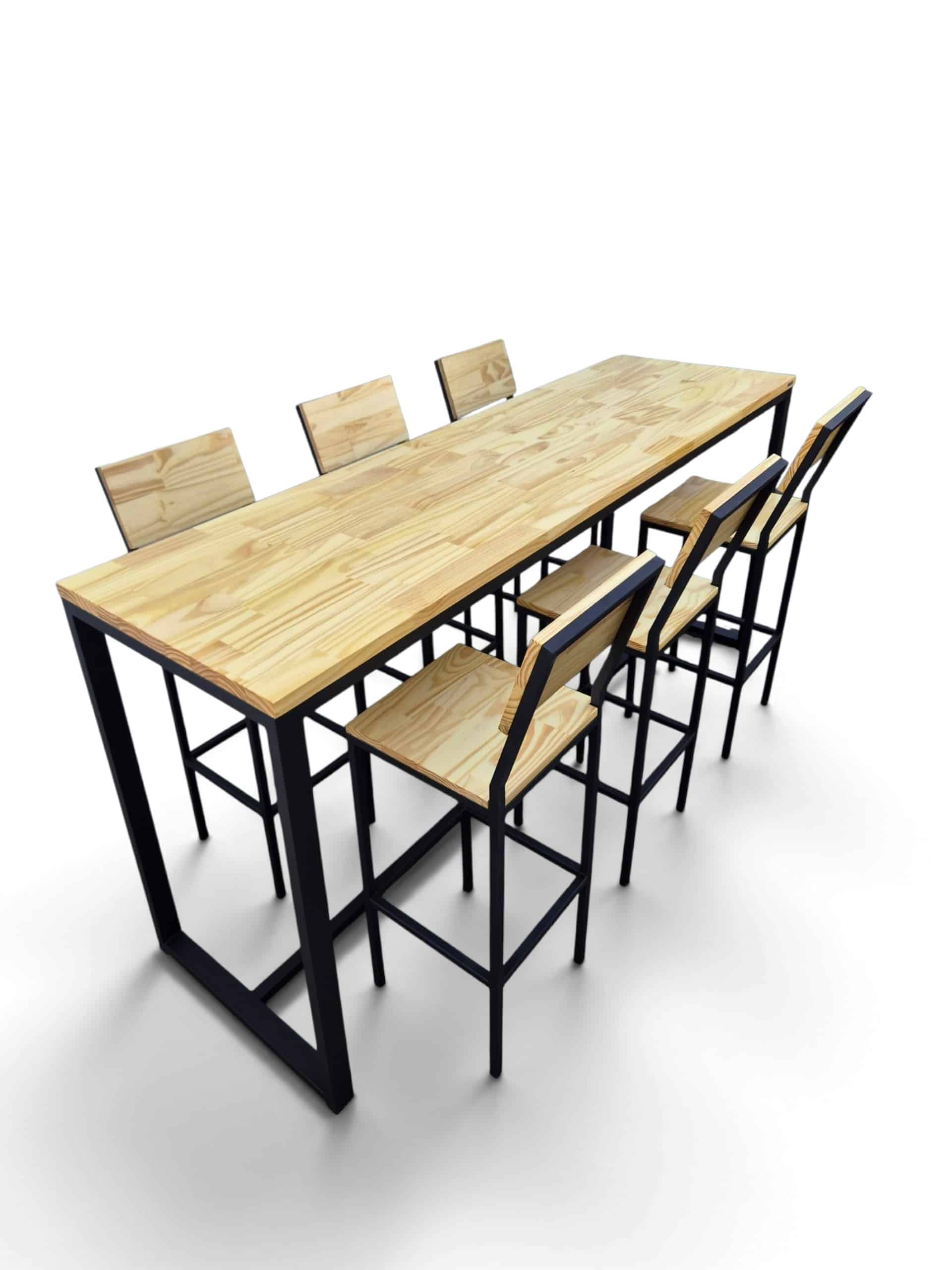 Juego de comedor alto estilo industrial, incluye mesa barra de 210x100x60 cm y 6 banquetas con respaldo. Estructura negro satinado y madera tono cristal, ideal para barbacoas