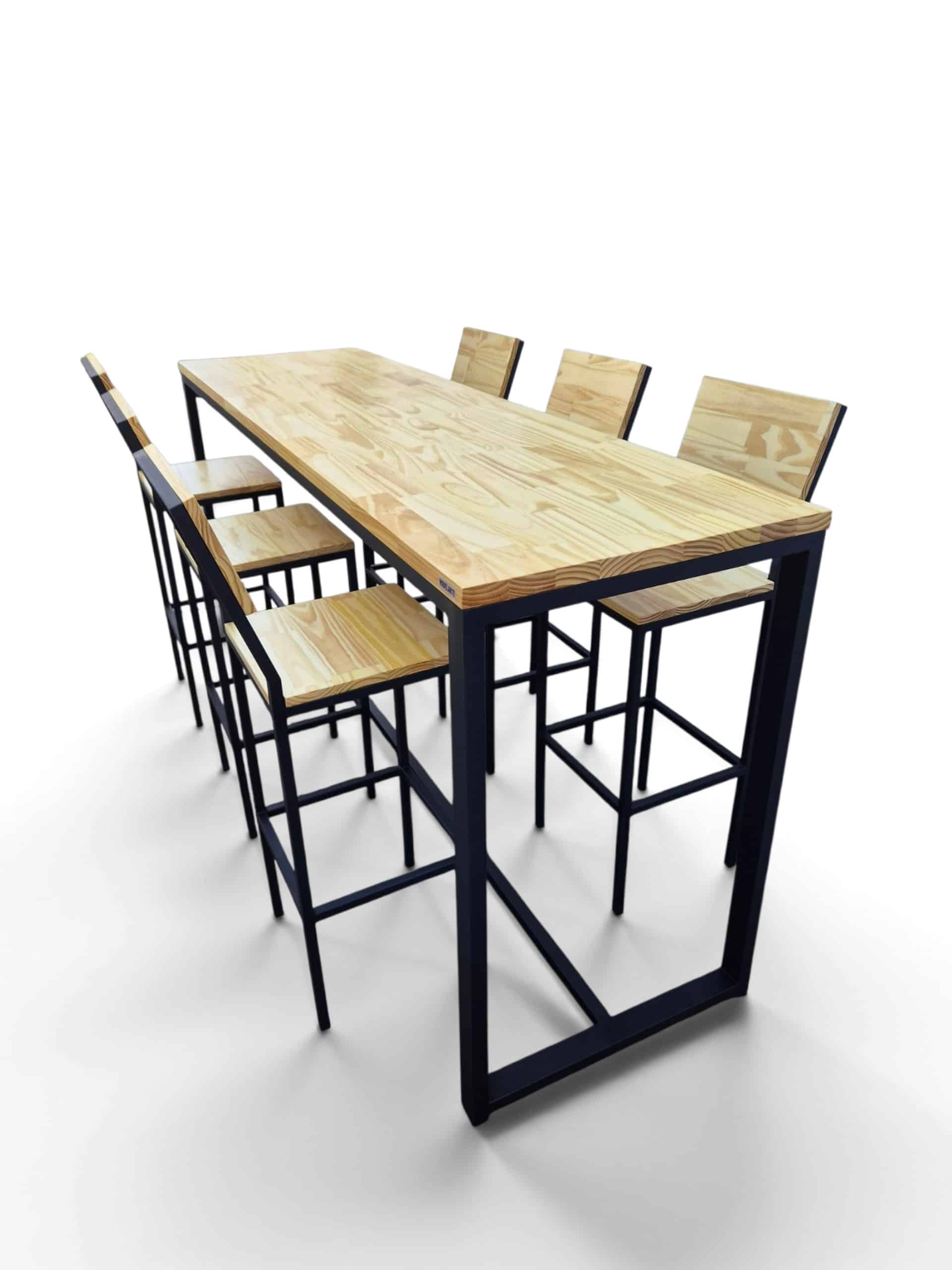 Juego de comedor alto estilo industrial con mesa de 210x100x60 cm y 6 banquetas. Madera tono cristal y estructura negro satinado. Ideal para desayunadores o barbacoas