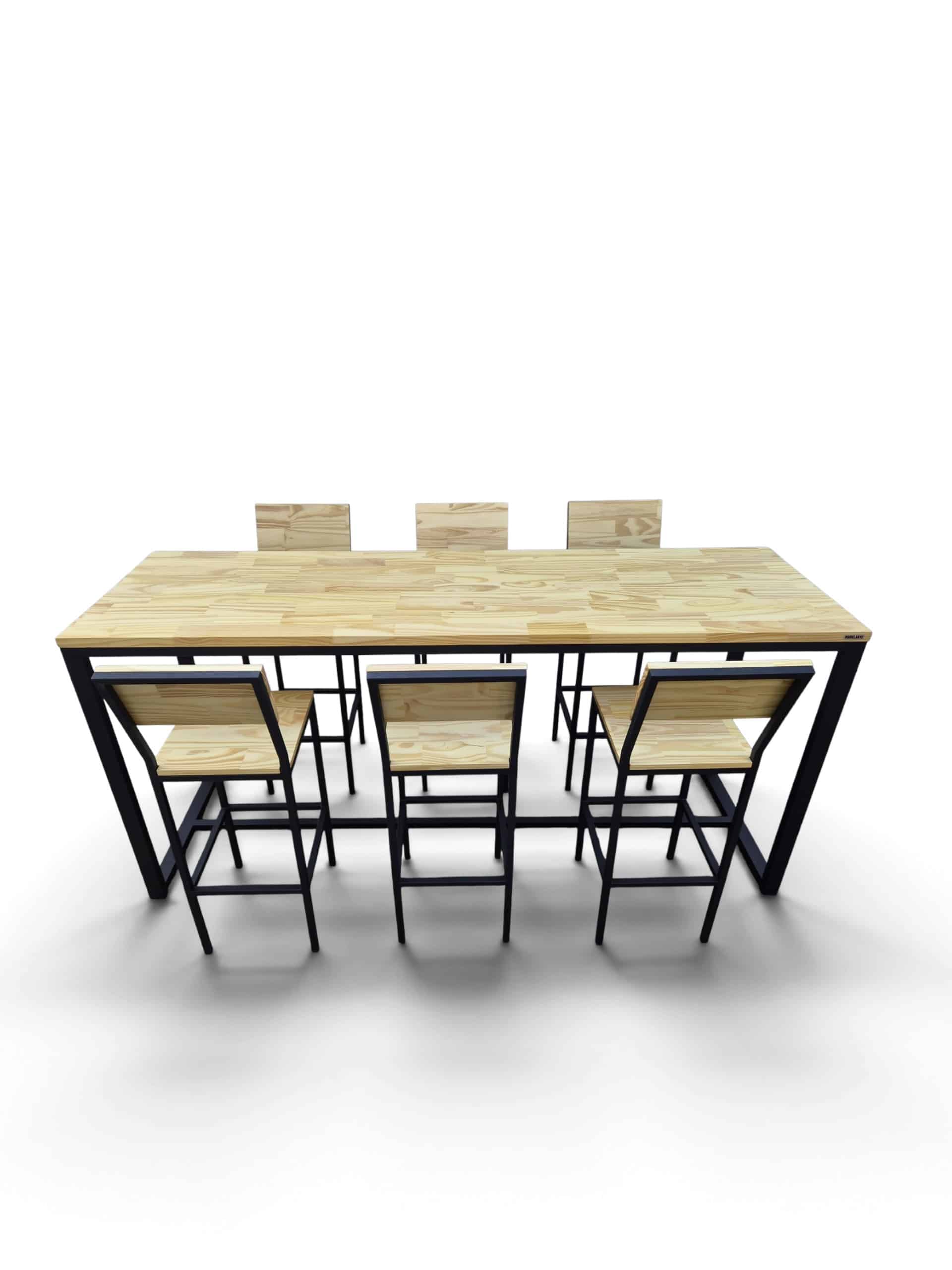 Juego de comedor alto estilo industrial con estructura negro satinado y madera tono cristal. Incluye mesa tipo barra y 6 banquetas con respaldo, ideal para barbacoas. Medidas 210x100x60 cm