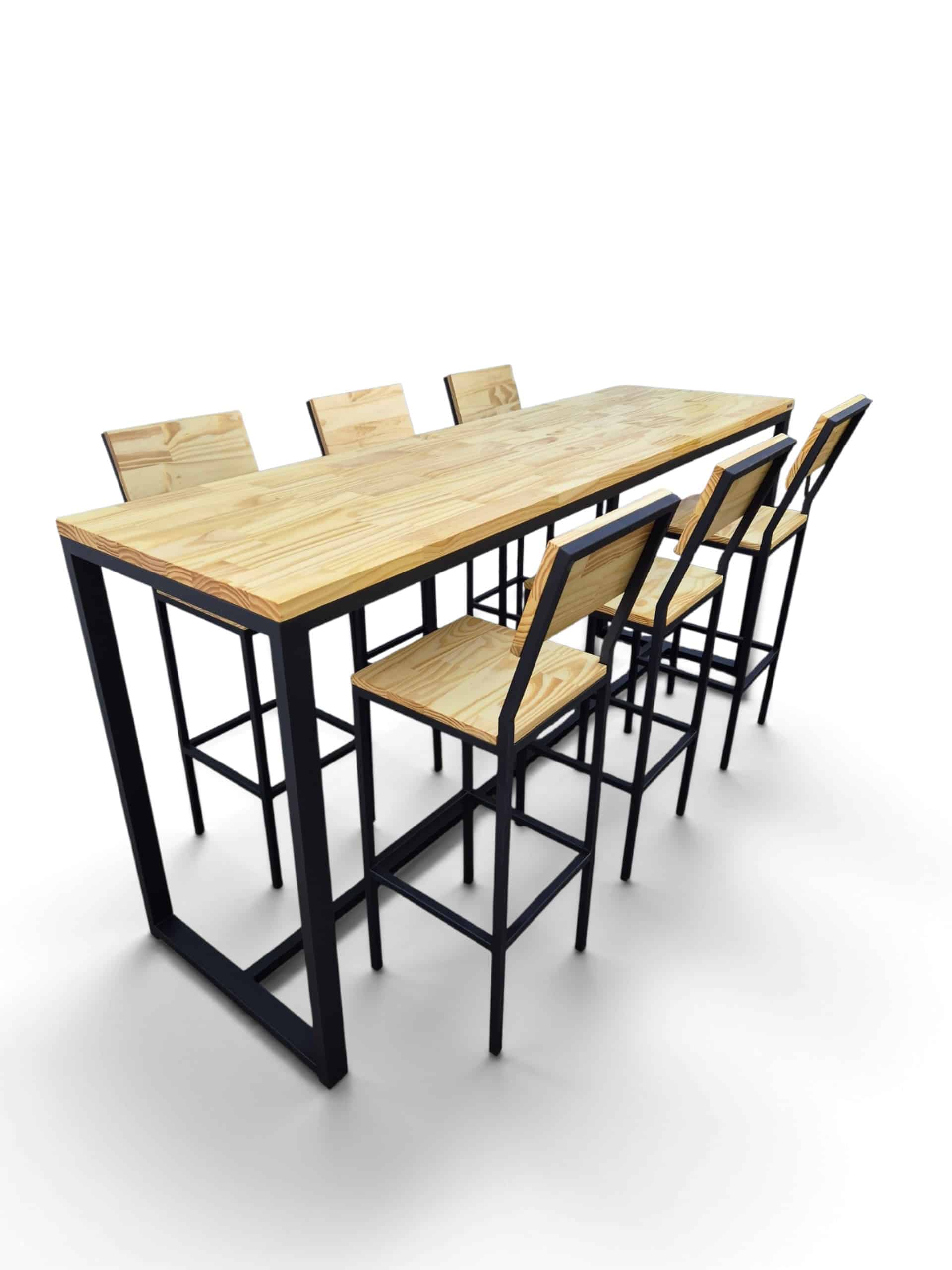 Juego de comedor alto estilo industrial con madera tono cristal y estructura negro satinado. Incluye 6 banquetas con respaldo. Ideal para barras y desayunadores. Medidas: 210x100x60 cm