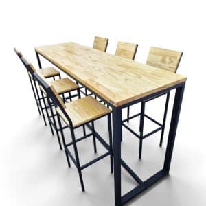 Juego de comedor alto estilo industrial con mesa de madera tono cristal y estructura negro satinado, incluye 6 banquetas con respaldo. Ideal para desayunadores o barbacoas