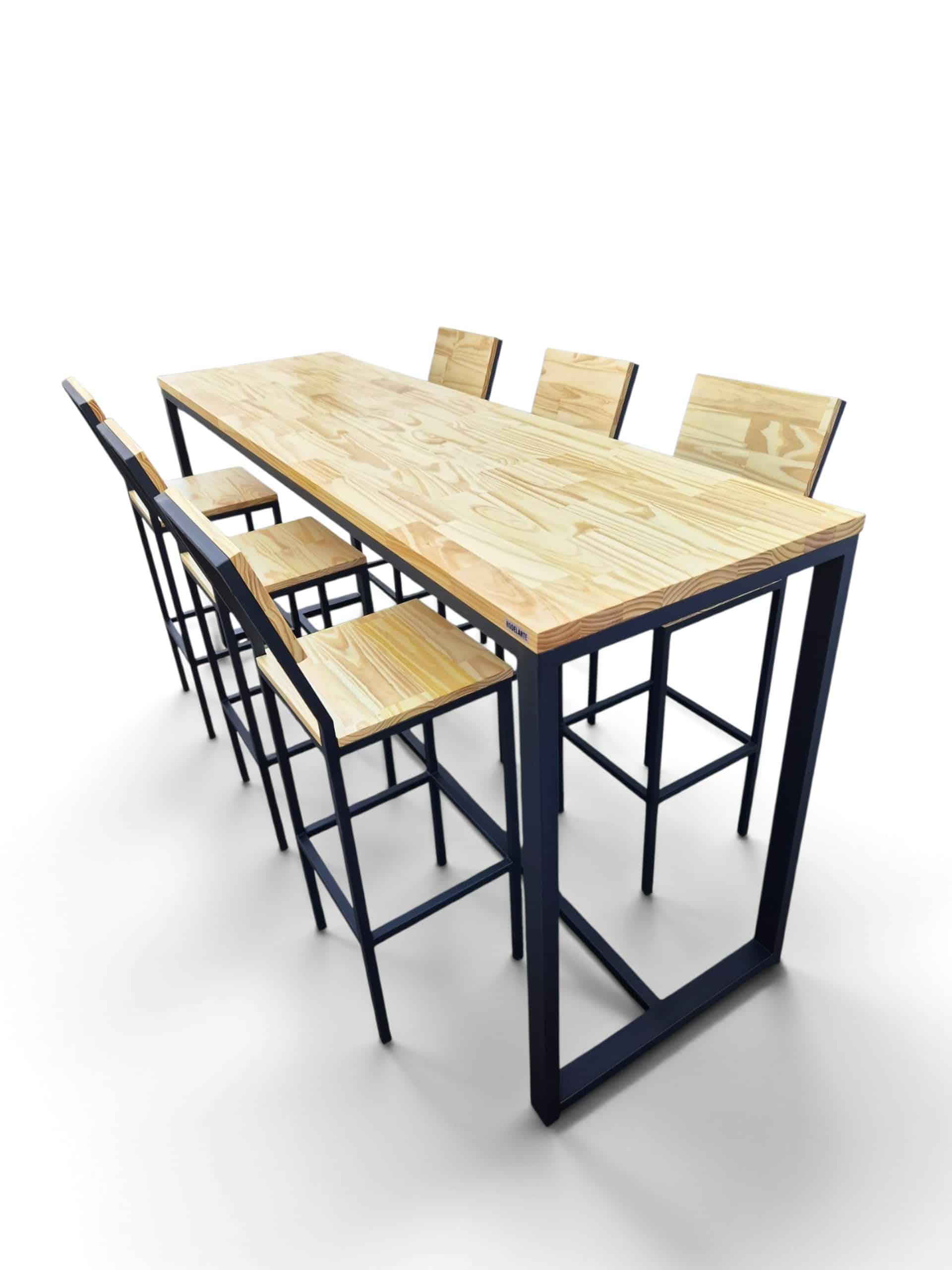 Juego de comedor alto estilo industrial con mesa de madera tono cristal y estructura negro satinado, incluye 6 banquetas con respaldo. Ideal para desayunadores o barbacoas