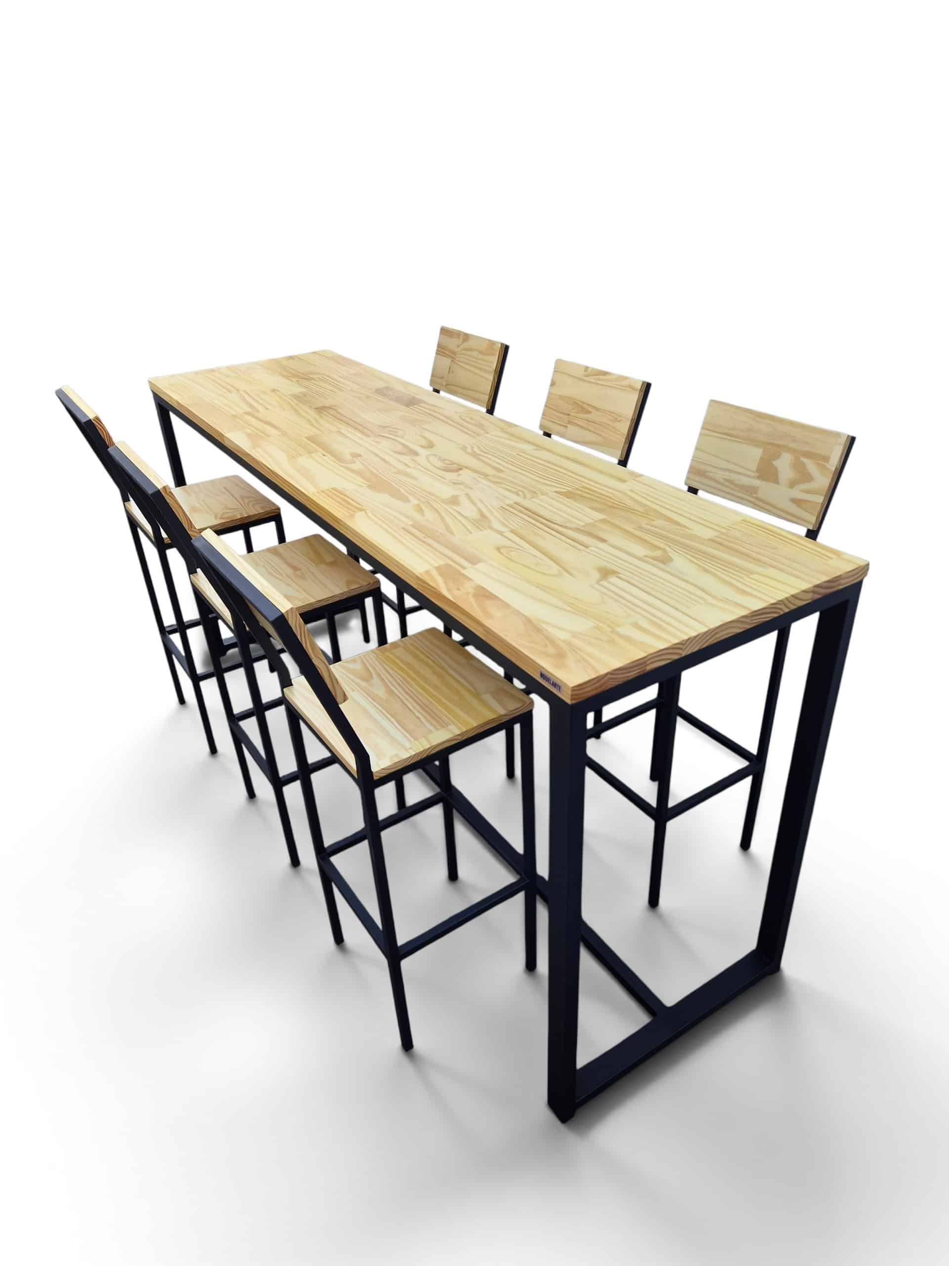 Juego de comedor alto estilo industrial con mesa tipo barra y 6 banquetas, madera tono cristal, estructura negro satinado, ideal para desayunadores o barbacoas. Medidas 210x100x60 cm