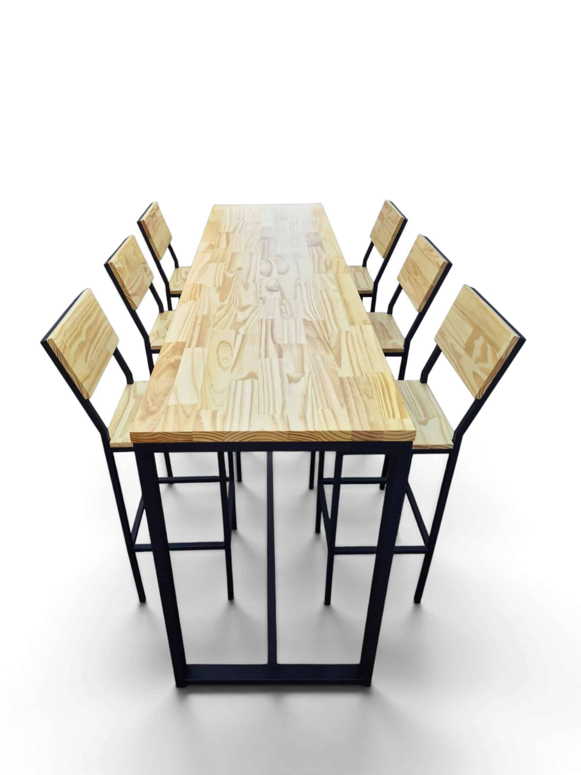 Juego de comedor alto estilo industrial con mesa y 6 banquetas, estructura negra satinada y madera tono cristal. Ideal para barra o desayunador. Medidas: 210x100x60 cm