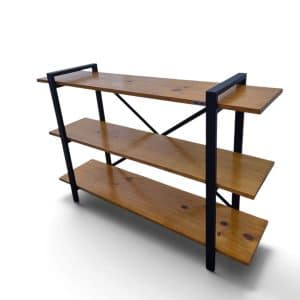 Rack estantería industrial de madera y hierro con tres niveles, ideal para almacenamiento y exhibición de libros, plantas, o decoración en espacios modernos y rústicos