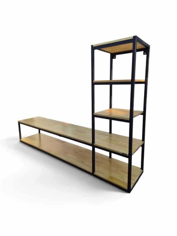 Rack de TV con Estantería en L Madera y Estructura de Hierro