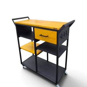 Mesa auxiliar de cocina con ruedas, en madera tono natural y estructura negro satinado, con cajón y estantes, ideal para optimizar el espacio y la organización