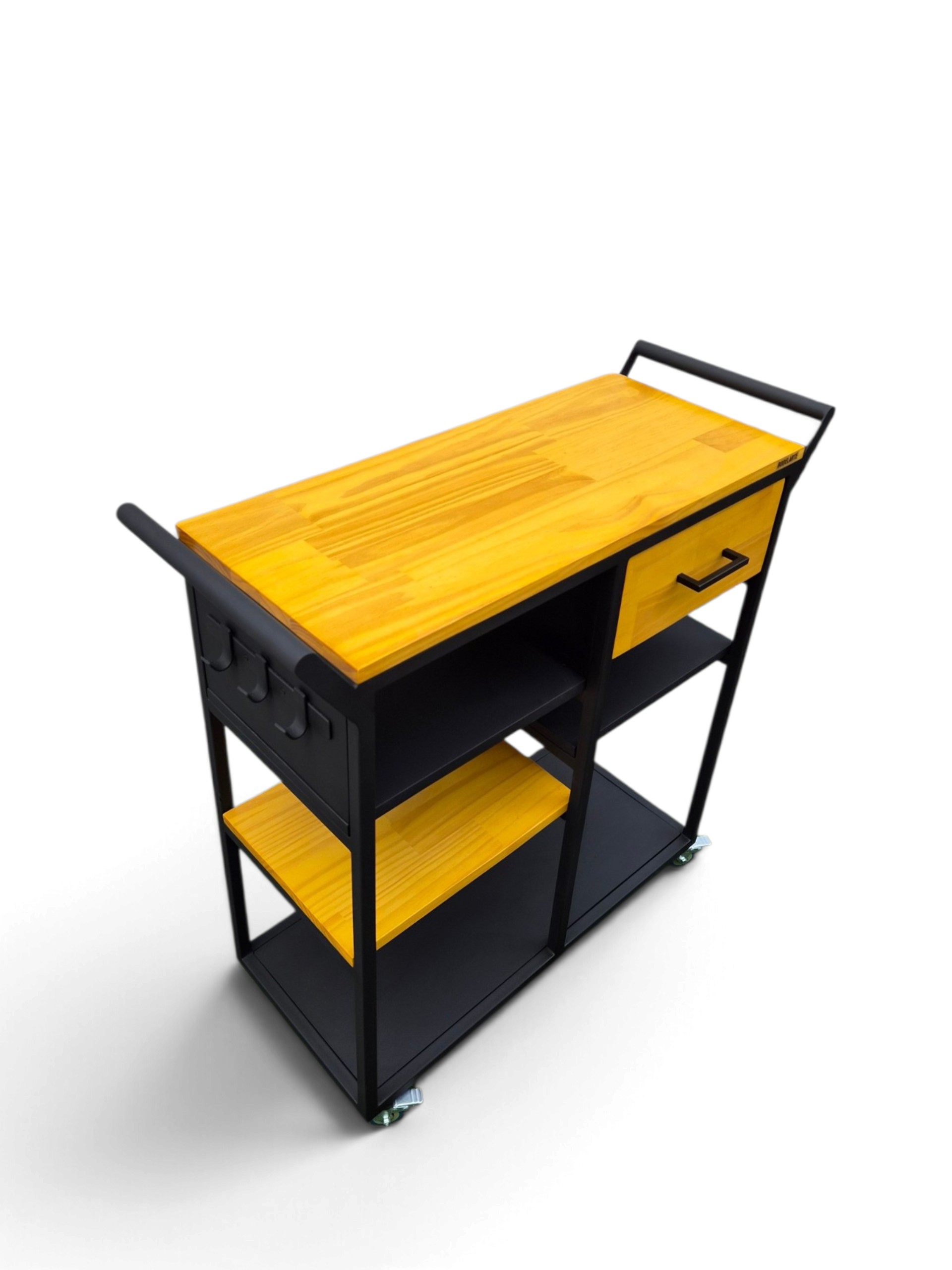 Mesa auxiliar de cocina de 75x85x30 cm en madera natural y estructura negra satinada, con ruedas, estantes y cajón, ideal para organizar y ampliar la superficie de trabajo