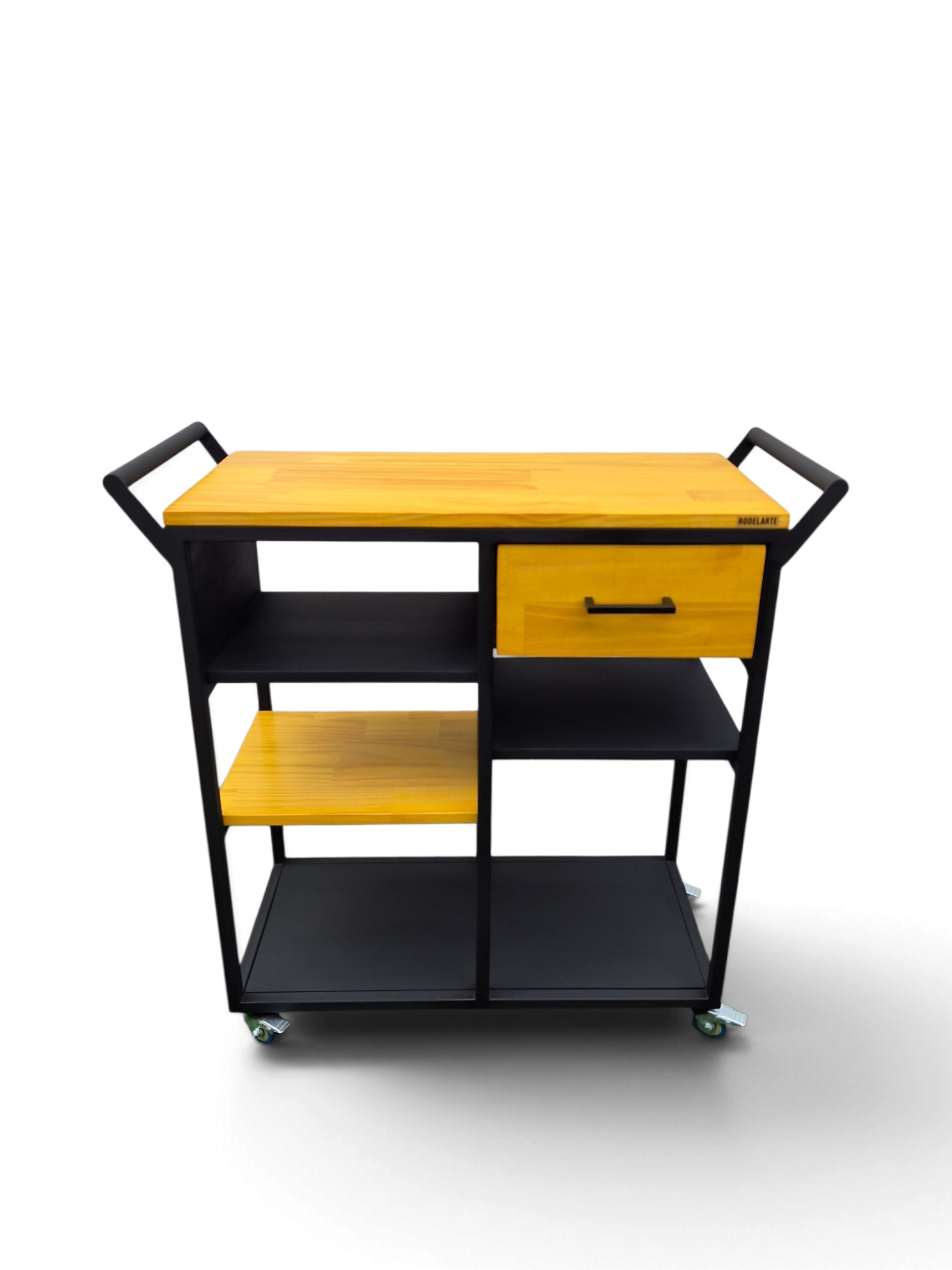 Mesa auxiliar de cocina en tono natural y estructura negro satinado, con ruedas, cajón y estantes para organización y trabajo. Ideal para alacena y espacios culinarios