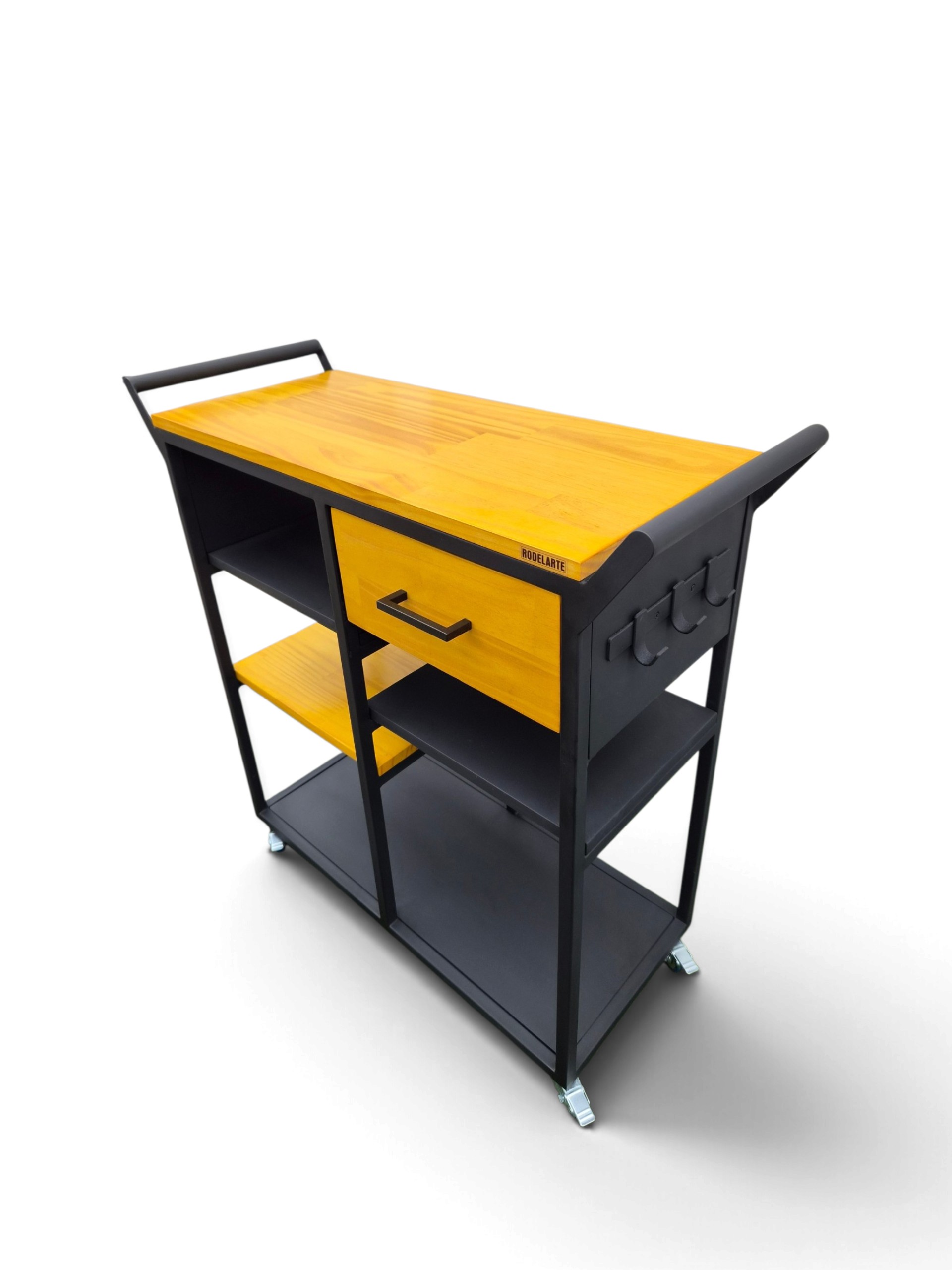 Mesa auxiliar de cocina con ruedas, madera tono natural y estructura negro satinado. Incluye cajón y estantes, ideal para ampliar espacio de trabajo y almacenamiento