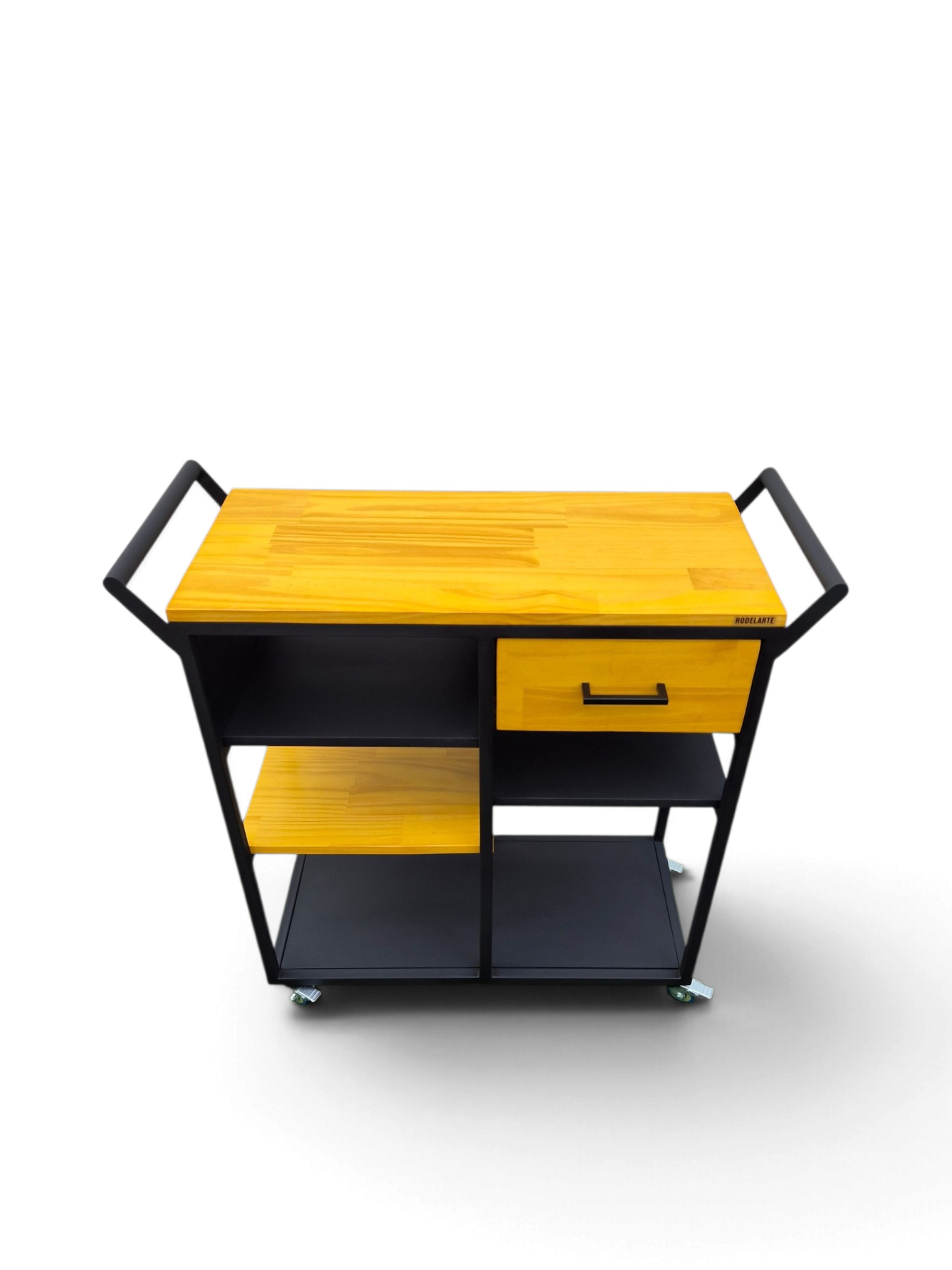 Mesa auxiliar con ruedas de cocina, estructura negro satinado, madera tono natural, con cajón y estantes, ideal para organización y superficie de trabajo en espacios reducidos