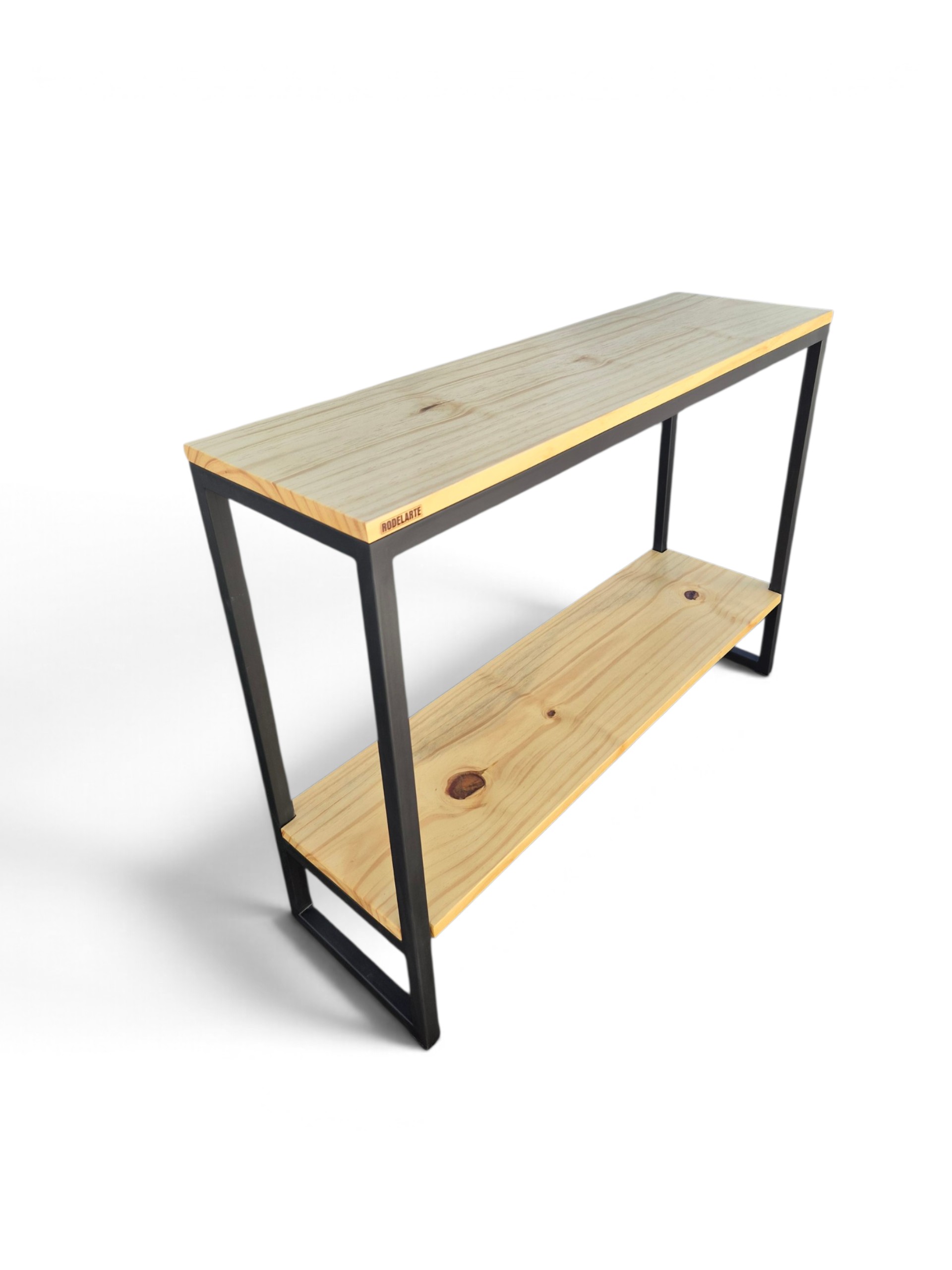 Consola recibidor de hierro y madera tono cristal, estructura negro satinado. Ideal para entradas, con estante inferior. Estilo práctico para pasillos o recibidores. Medidas: 100x75x30 cm