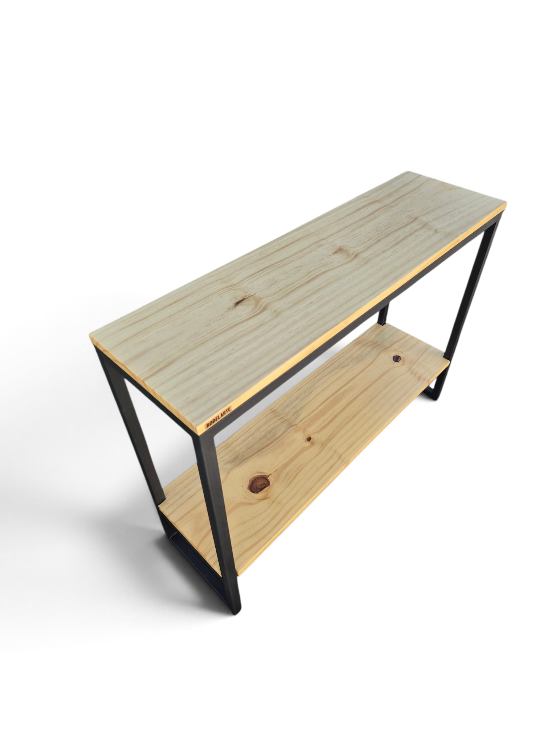 Consola recibidor con estante inferior, estructura negro satinado y madera tono cristal, ideal para optimizar espacios en entradas o pasillos con estilo moderno y funcional
