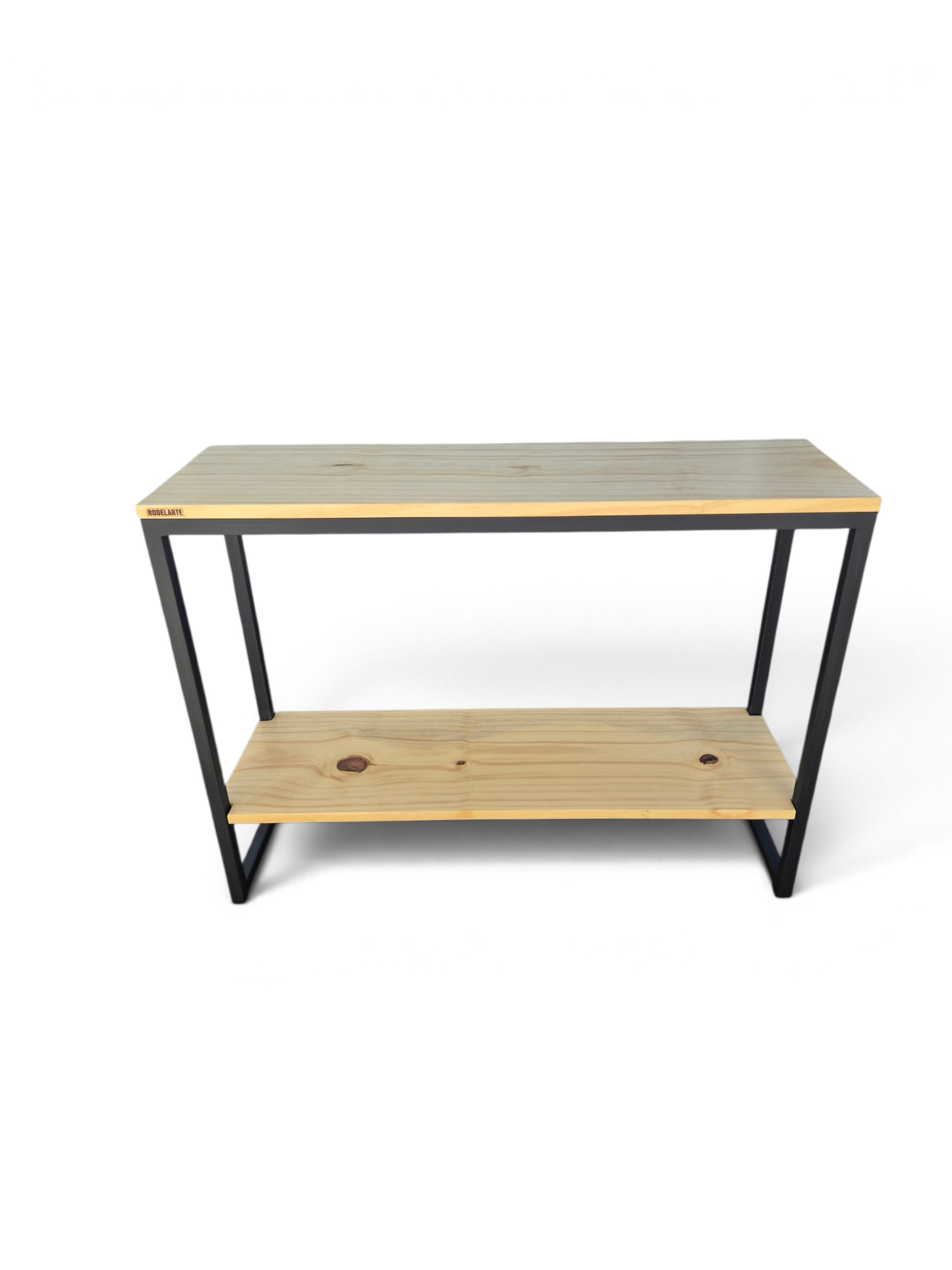 Consola recibidor de hierro negro satinado y madera tono cristal, con estante inferior. Ideal para entradas o pasillos, combinando estilo práctico y funcionalidad. Medidas: 100x75x30 cm