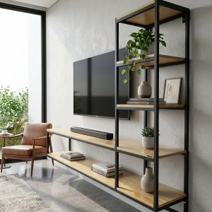 Rack de TV con Estantería en L Madera y Estructura de Hierro (ambientada IA)