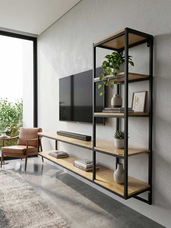 Rack de TV con Estantería en L Madera y Estructura de Hierro (ambientada IA)