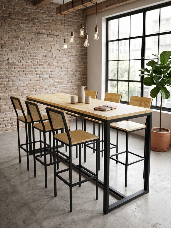 Juego de comedor alto estilo industrial (ambientada IA)