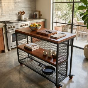Isla de cocina móvil con estante (ambientada IA)
