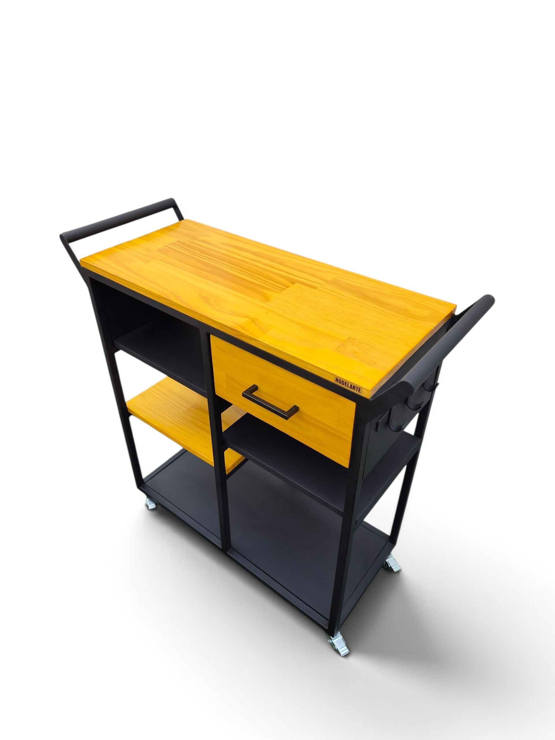 Mesa auxiliar de cocina con ruedas, estructura negro satinado y madera natural, con cajón y estantes para optimizar espacio y funcionalidad. Perfecta para organizar y trabajar