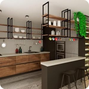 Cocina moderna con estanterías abiertas de madera y metal negro, muebles inferiores de madera oscura, encimeras claras, isla con taburetes y decoración con plantas.