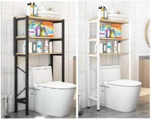 Estante de baño sobre inodoro, disponible en negro y blanco, con tres niveles de almacenamiento para productos y toallas. Diseño funcional y moderno para optimizar espacio.