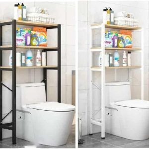 Estante de baño sobre inodoro, disponible en negro y blanco, con tres niveles de almacenamiento para productos y toallas. Diseño funcional y moderno para optimizar espacio.