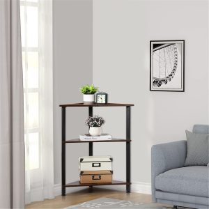 Estante de esquina de tres niveles, madera oscura y patas metálicas negras, decorado con plantas, reloj y cajas de almacenamiento. Ideal para sala de estar moderna.