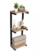 Estantería de madera con estructura metálica negra, tres niveles. Ideal para baño, con espacio para plantas, toallas y artículos de cuidado personal. Diseño moderno y funcional.