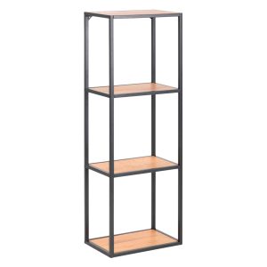 Estantería moderna de metal negro con cuatro baldas de madera clara, diseño minimalista abierto, ideal para almacenamiento y exhibición en espacios contemporáneos.