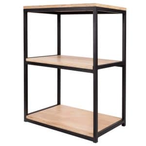 Estante de madera con estructura de metal negro, tres niveles. Diseño minimalista y moderno, ideal para organizar y decorar espacios reducidos.