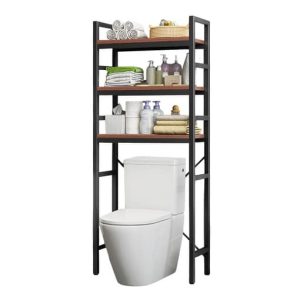 Estantería de baño de tres niveles para colocar sobre el inodoro. Estructura metálica negra con repisas de madera, ideal para almacenar toallas y productos de aseo.